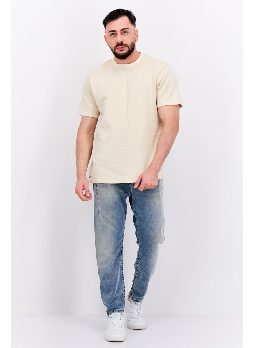 Men Crew Neck Short Sleeves Textured Lesley T-Shirt, Beige