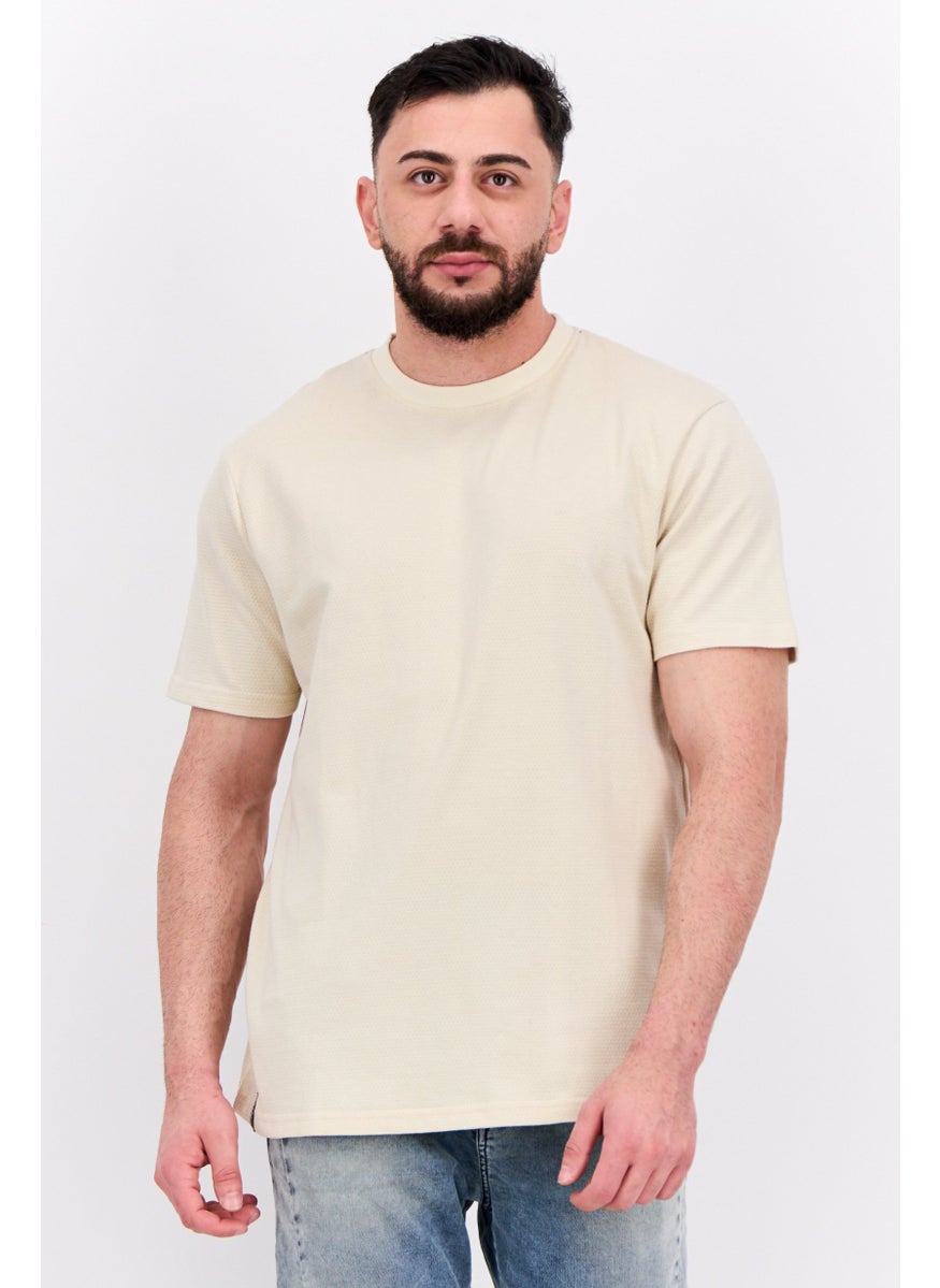 Men Crew Neck Short Sleeves Textured Lesley T-Shirt, Beige