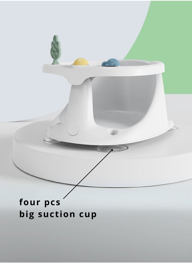 Baby Bath Seat with Safety Guardrail – 3 Fun Toys, 4 Suction Cups, Compact & Portable Bath Chair – Ideal for Bathtub or Bathroom