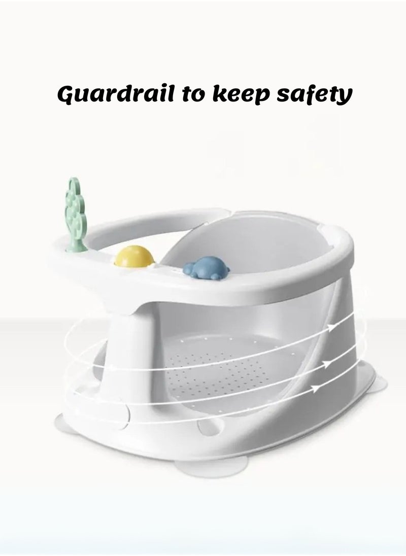 Baby Bath Seat with Safety Guardrail – 3 Fun Toys, 4 Suction Cups, Compact & Portable Bath Chair – Ideal for Bathtub or Bathroom