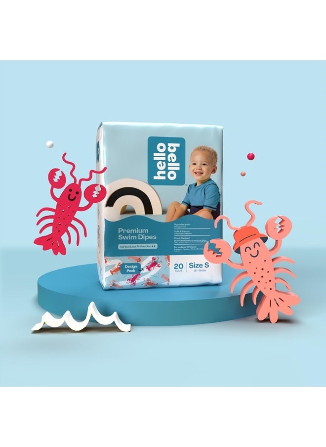 Premium Swim Diapers - Size S (16-28 lbs), Cute Extra-Bright Lobster Designs, 20 Count Jumbo Pack