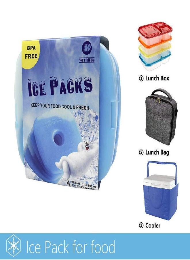 Ice Packs for Cooler Long Lasting Reusable Freezer Packs for Lunch Box, Lunch Bag, Cooler Bag for Work, School, Picnic, Camping, Fishing and More, Keep Beverages Foods Cold & Fresh, Set of 4, Blue