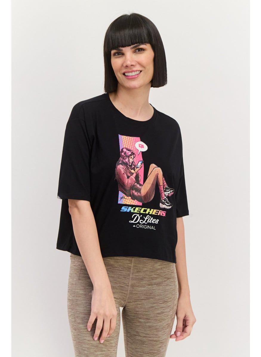 Women Round Neck Short Sleeves Graphic Printed T-Shirt, Black Combo
