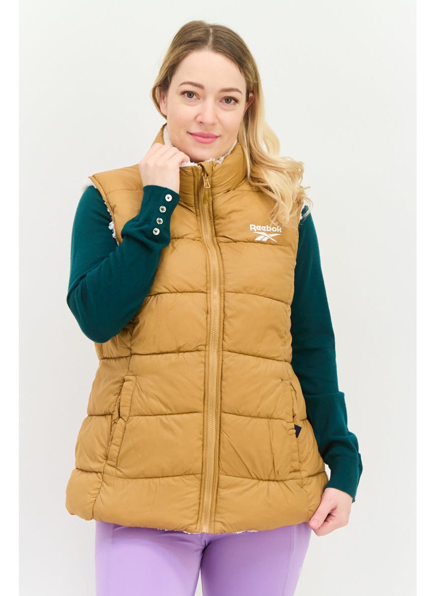 Women Sportswear Fit Reversible Sleeveless Outdoor Jacket Vest, Brown