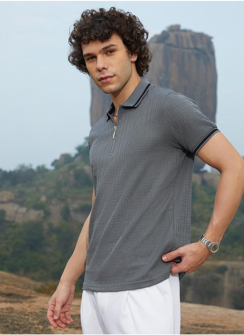 Men's Moon Grey Oblique-Stripe Polo T-Shirt