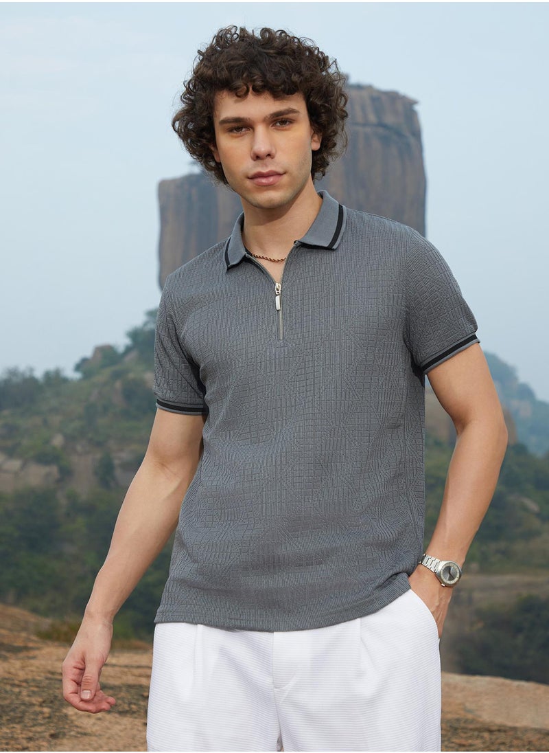 Men's Moon Grey Oblique-Stripe Polo T-Shirt