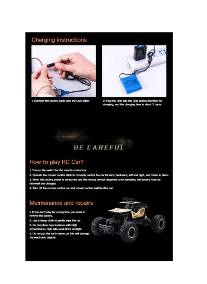 Alloy off-road 4x4 charging RC car high-speed bigfoot climbing racing climbing car suitable for 7+   26cm x 17cm x 13cm, gold car