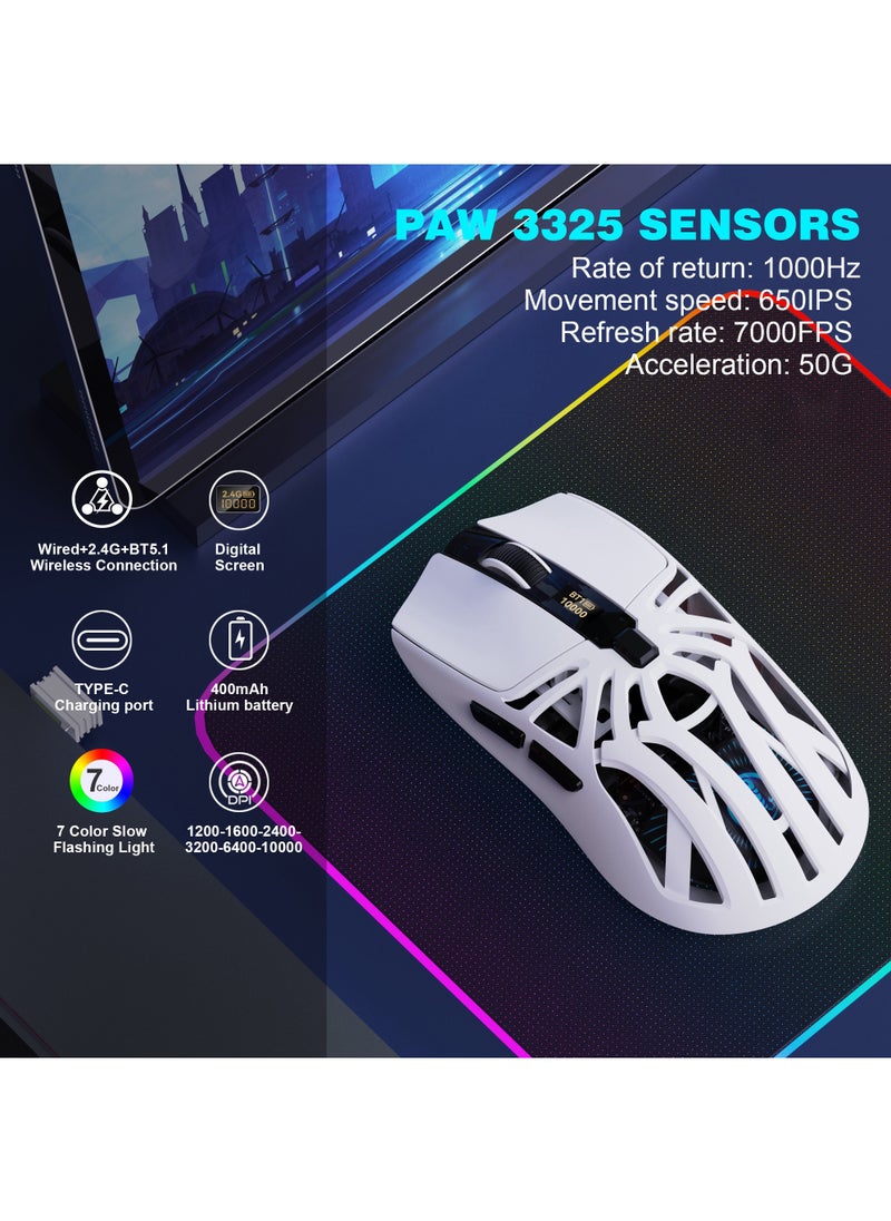 Wireless Gaming Mouse,Tri-Mode Bluetooth/2.4G/Wired Mouse, 6 Buttons with Adjustable 10000 DPI, BT5.1 Rechargeable RGB Backlight Gaming Mice for PC/Mac/Laptop, Power Digital Display Silent Mice
