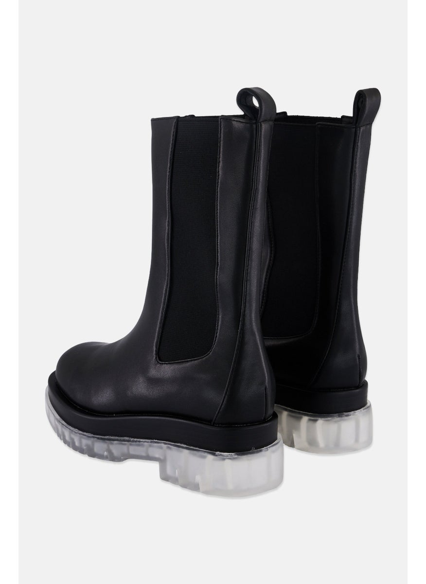 Women Slip On Mid Calf-Length Boots, Black