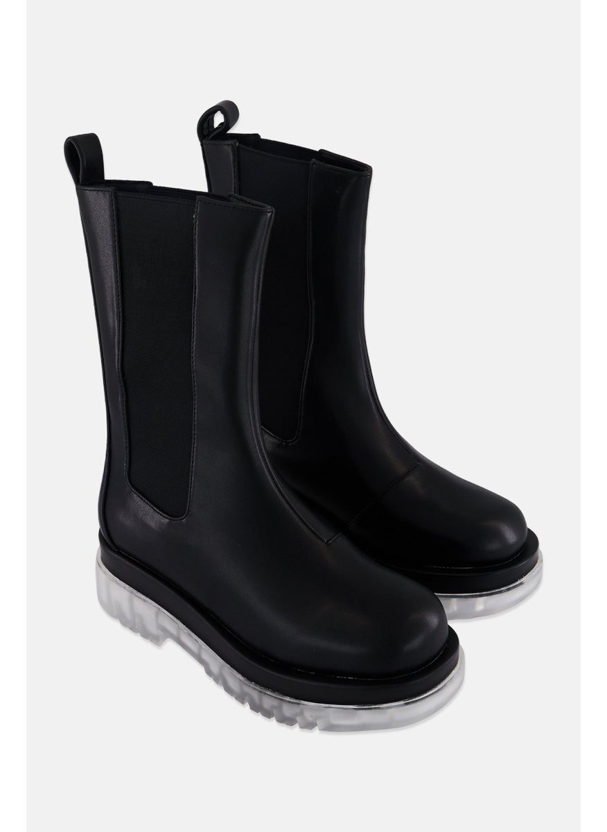 Women Slip On Mid Calf-Length Boots, Black