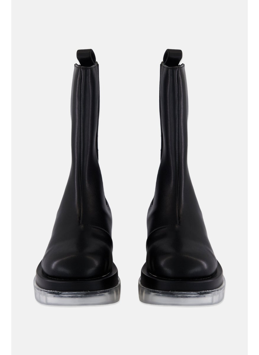 Women Slip On Mid Calf-Length Boots, Black