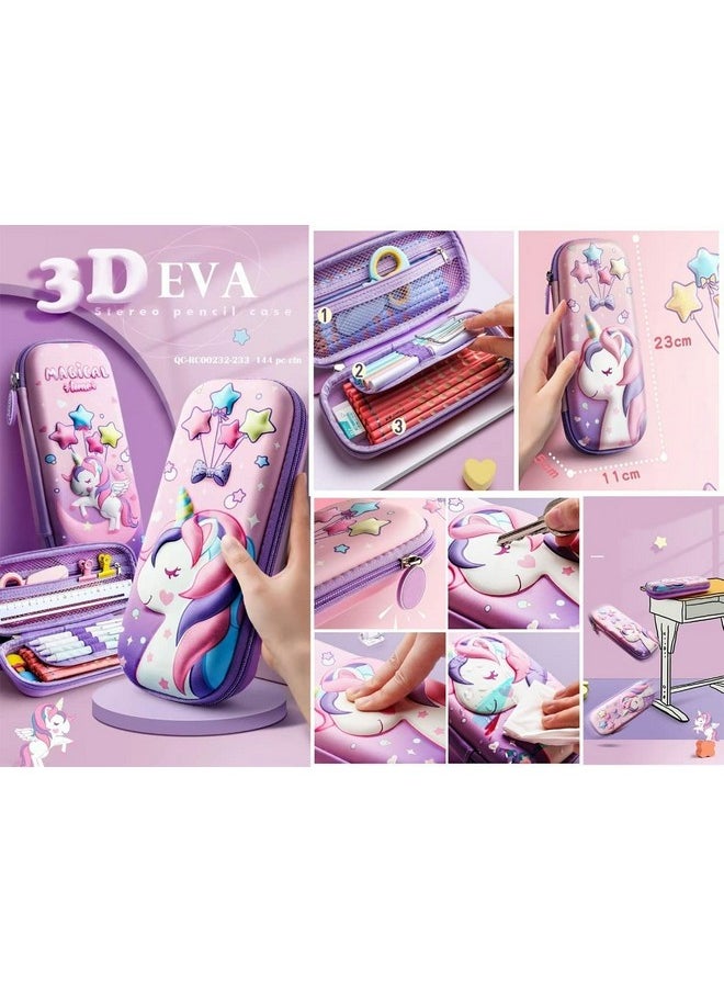 FAMOUS QUALITY Ethylene Vinyl Acetate (Eva) 3D Stylish Unicorn Cover Pencil Compass With Compartments School Supply Organizer For Student, Stationery Box, Cosmetic Zip Pouch Bag - (Multicolor)