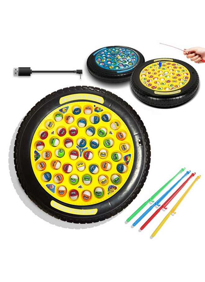 Fishing Game Rechargeable Rotating Board 45 Fishes With Big Round Pond & 4 Catching Sticks Toys For Kids Toddlers Age 3 4 5 6 7 8 For 1-4 Players - Multicolor