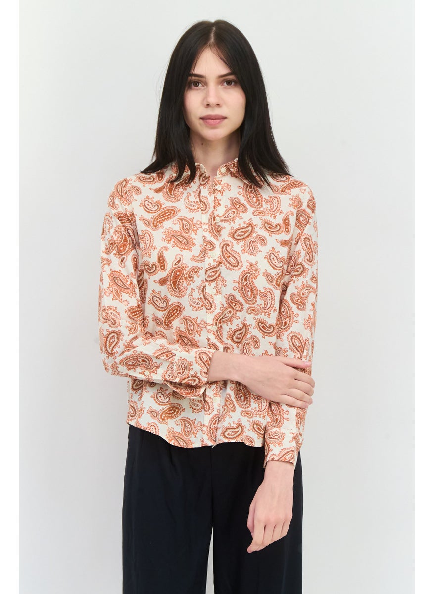 Women Spread Collar Long Sleeves Paisley Pattern Shirt, Brown