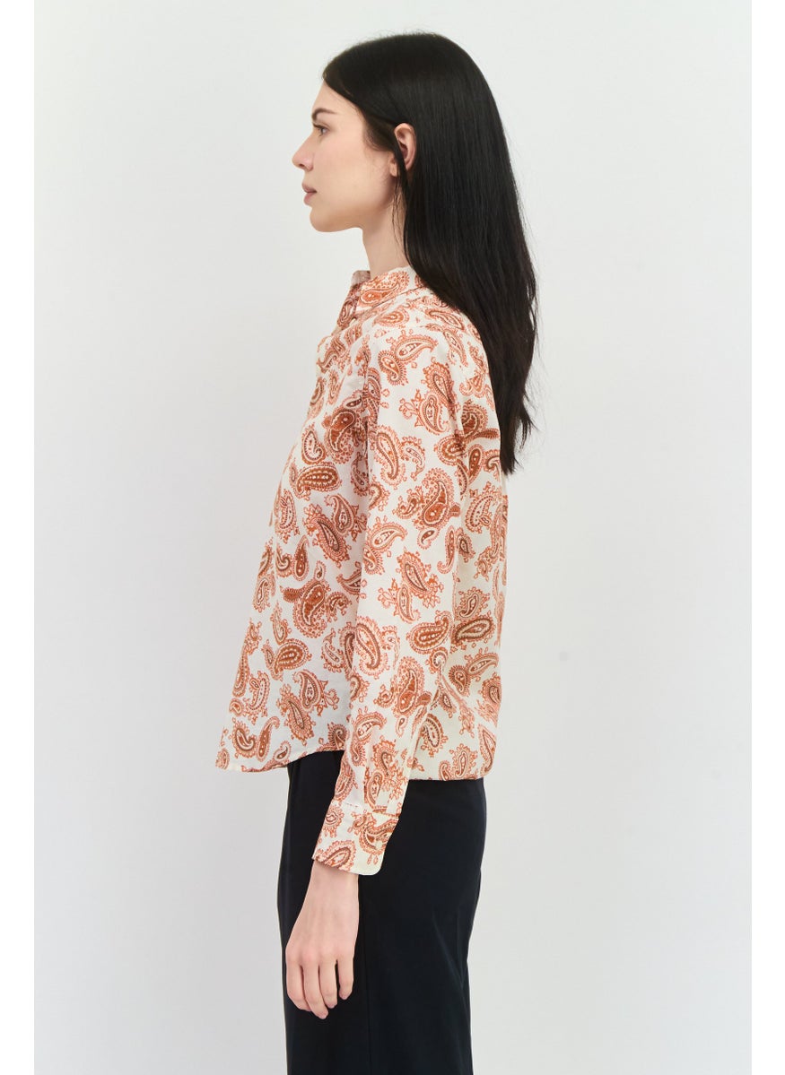 Women Spread Collar Long Sleeves Paisley Pattern Shirt, Brown