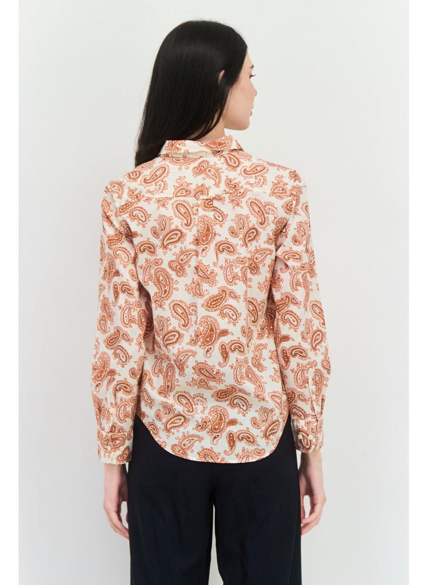 Women Spread Collar Long Sleeves Paisley Pattern Shirt, Brown