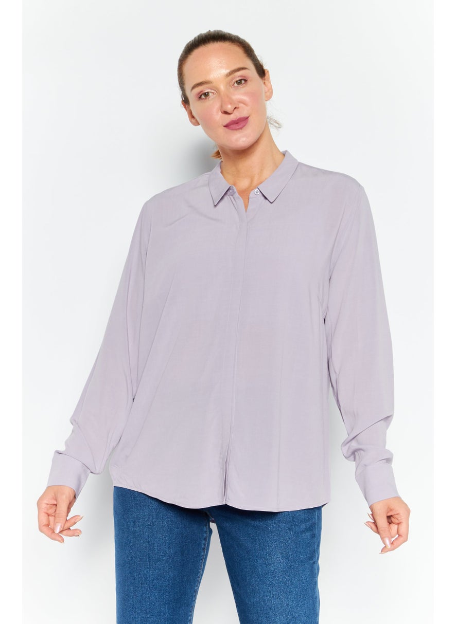 Women Spread Collar Long Sleeves Plain Shirt, Purple