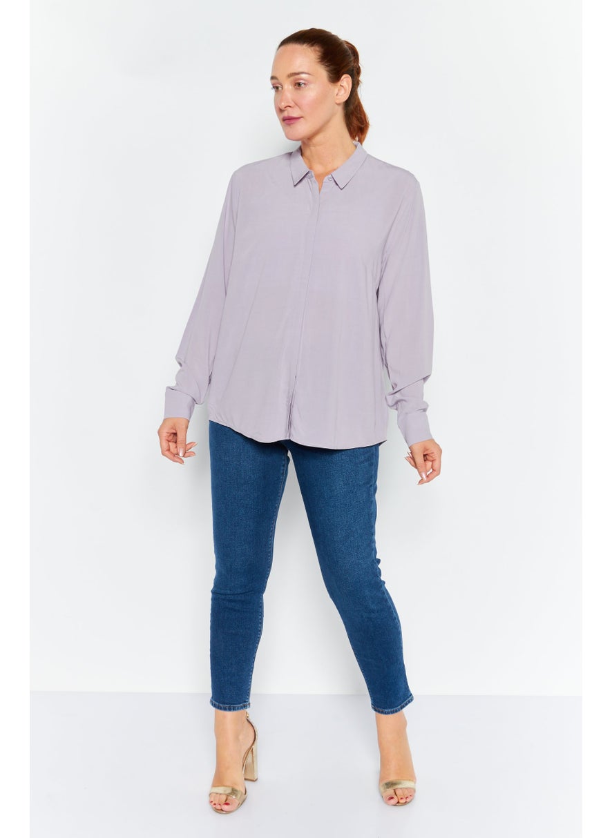 Women Spread Collar Long Sleeves Plain Shirt, Purple