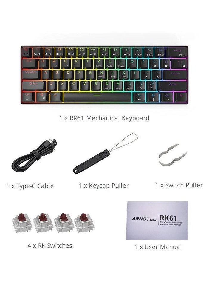 RK61 Tri-Mode 2.4Ghz Wireless/Bluetooth/Wired Mechanical Keyboard, 61 Keys Arabic/English Dual Language Keyboard RGB Brown Switch Gaming Keyboard with Software for Win/Mac