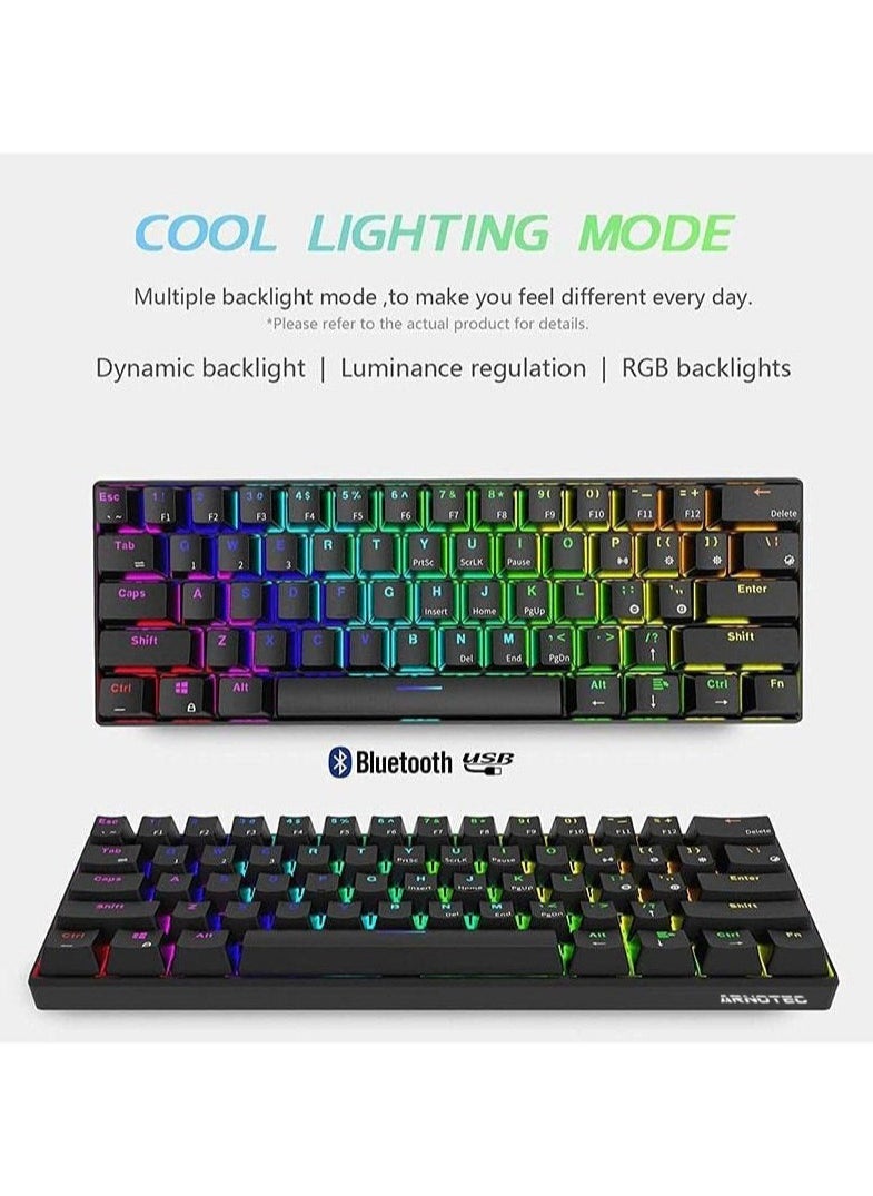 RK61 Tri-Mode 2.4Ghz Wireless/Bluetooth/Wired Mechanical Keyboard, 61 Keys Arabic/English Dual Language Keyboard RGB Brown Switch Gaming Keyboard with Software for Win/Mac