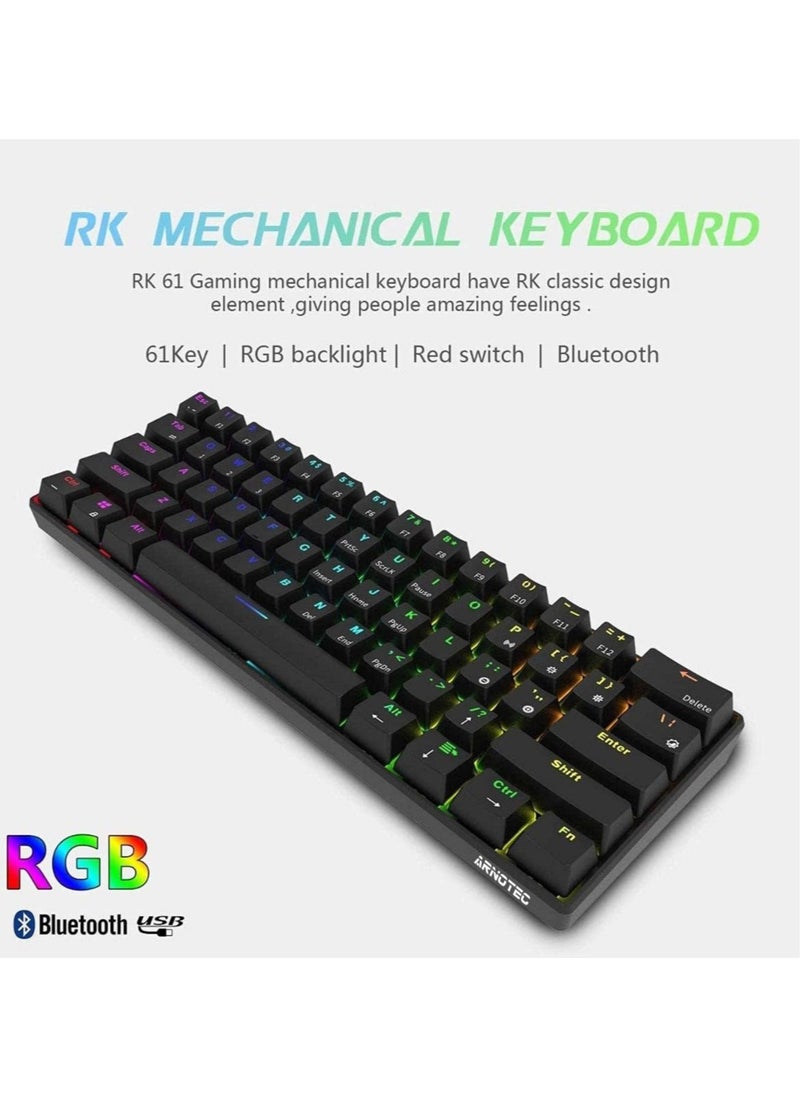 RK61 Tri-Mode 2.4Ghz Wireless/Bluetooth/Wired Mechanical Keyboard, 61 Keys Arabic/English Dual Language Keyboard RGB Brown Switch Gaming Keyboard with Software for Win/Mac