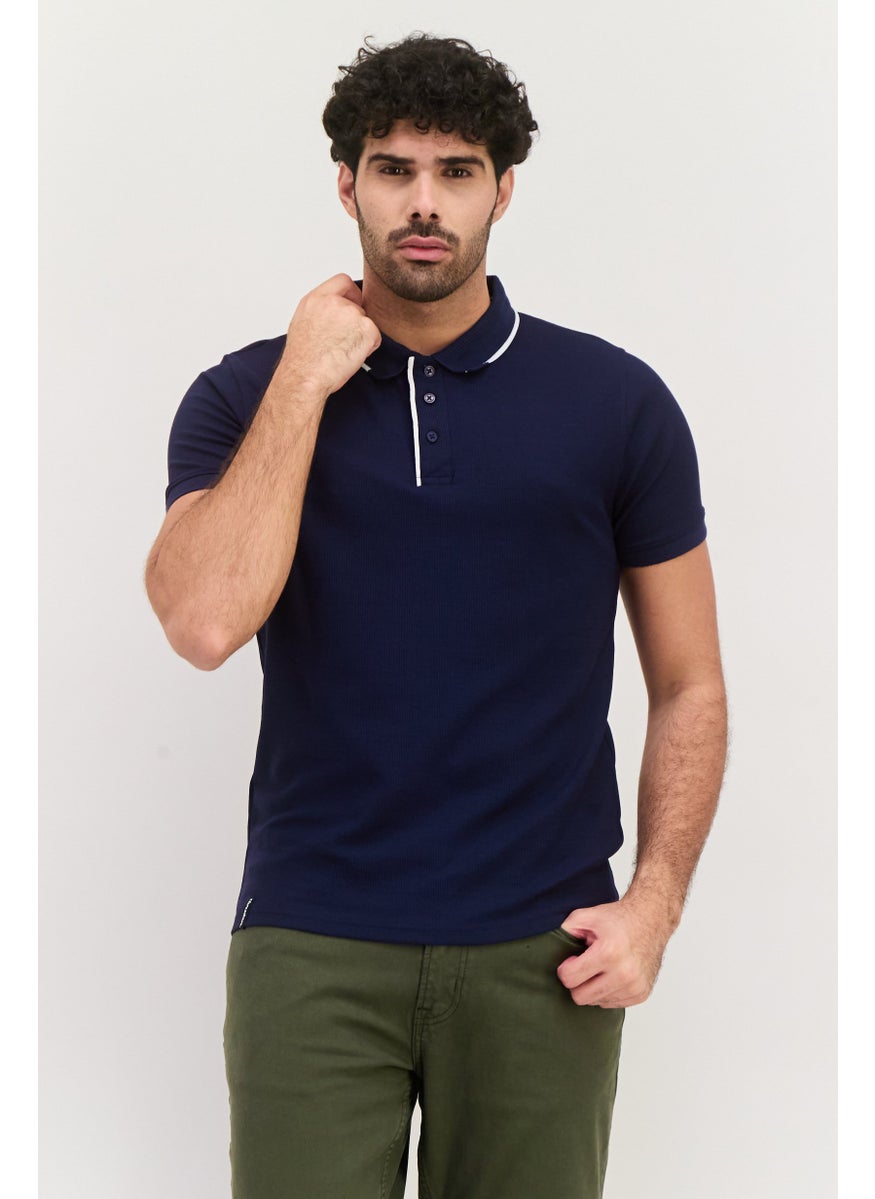 Men Regular Fit Textured Short Sleeves Polo Shirt, Dark Navy
