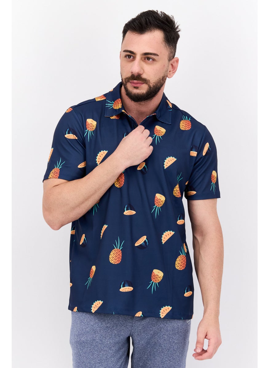 Men Sportswear Fit Allover Print Training Polo, Navy Combo