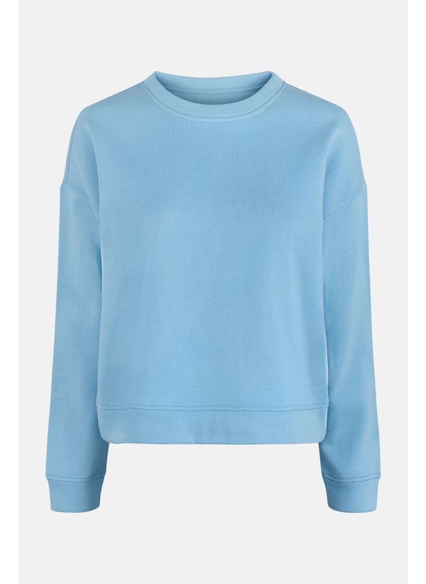 Women Round Neck Solid Sweatshirt, Sky Blue