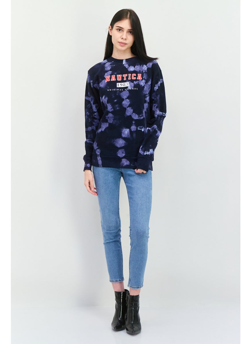 Women Crew Neck Tie dyed Long Sleeves Sweatshirt, Navy Combo