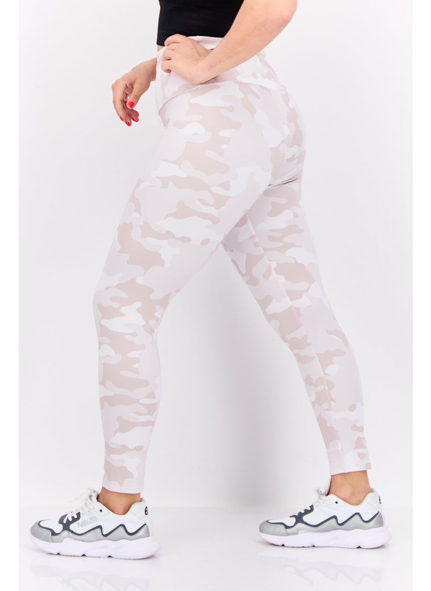 Women Camouflage Print Pull On Leggings, Beige