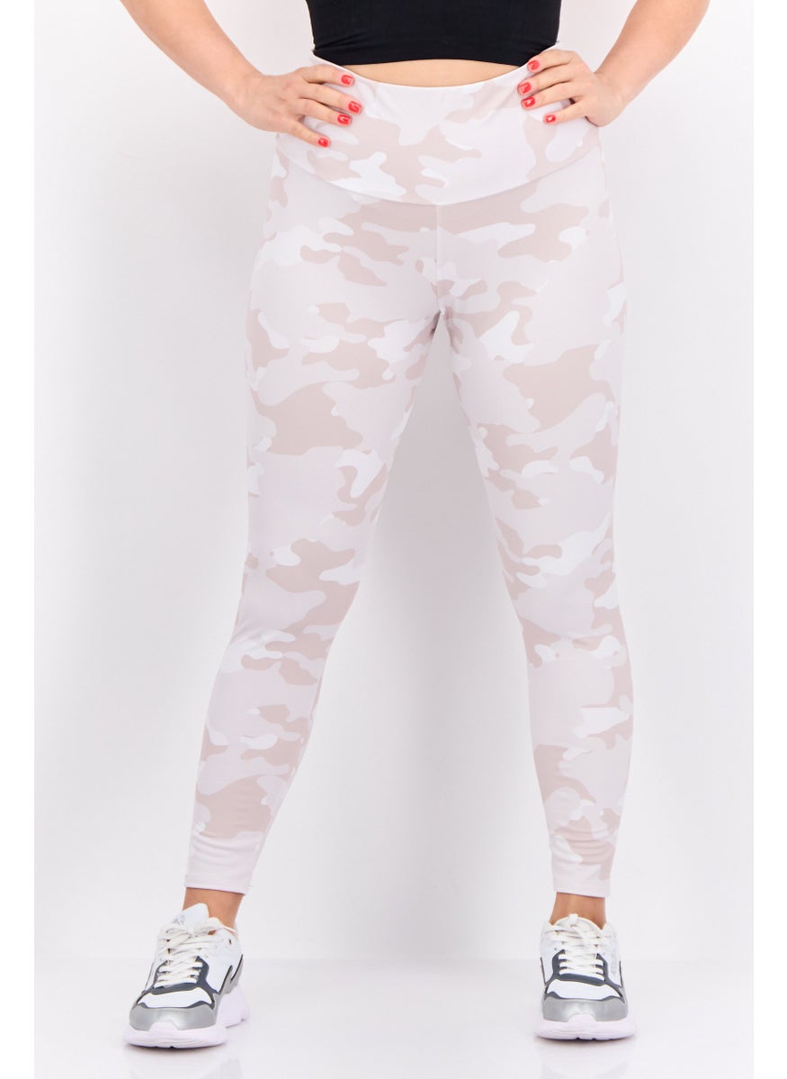 Women Camouflage Print Pull On Leggings, Beige
