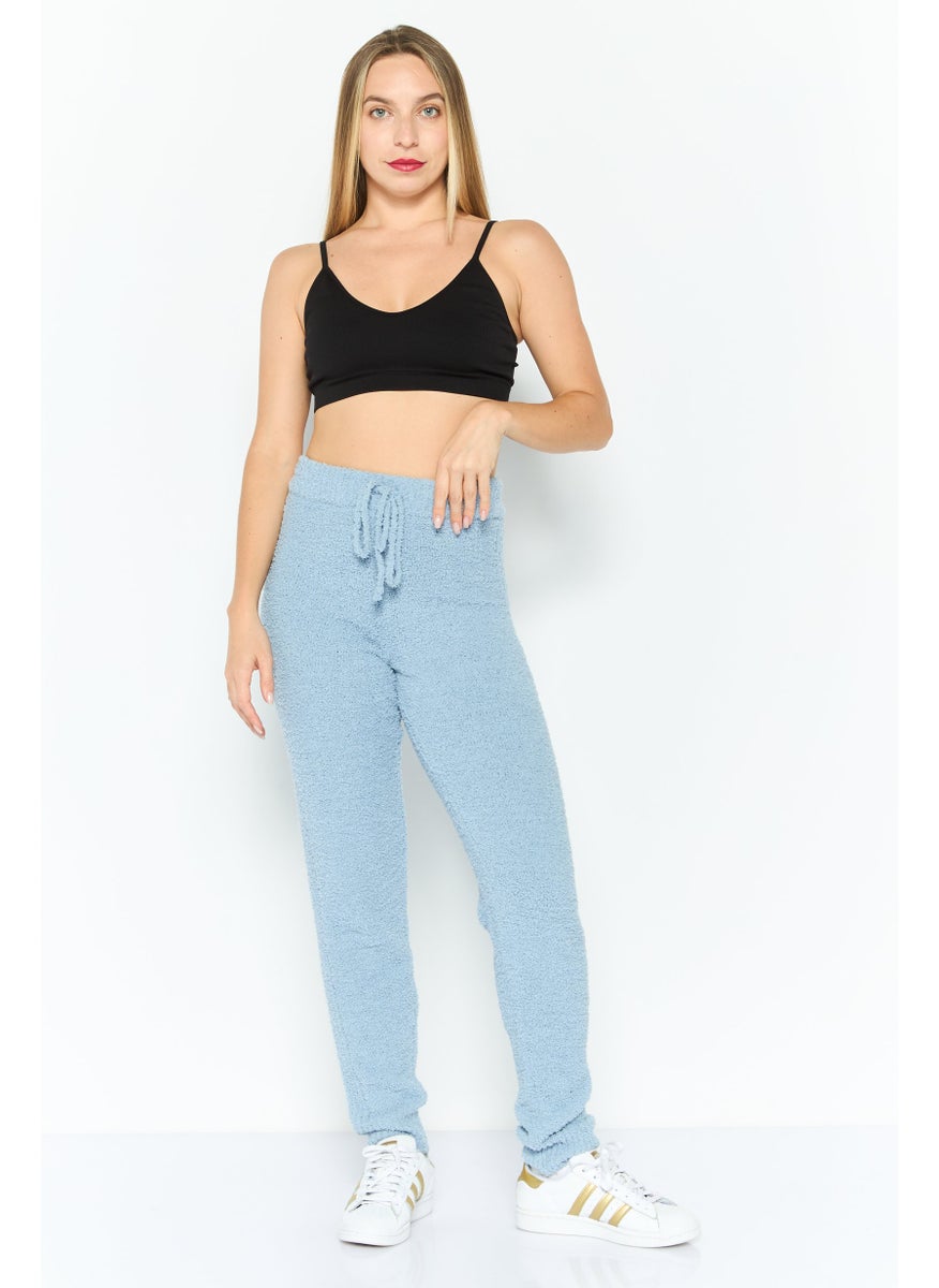 Women Regular Fit Ribbed Plush Sweatpants, Light Blue