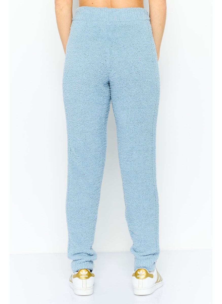 Women Regular Fit Ribbed Plush Sweatpants, Light Blue