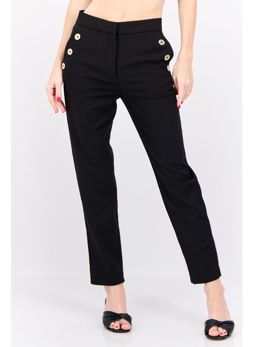 Women Regular Fit Plain Straight Leg Pants, Black