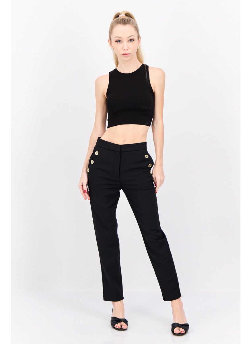 Women Regular Fit Plain Straight Leg Pants, Black