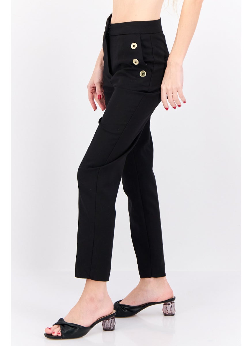 Women Regular Fit Plain Straight Leg Pants, Black