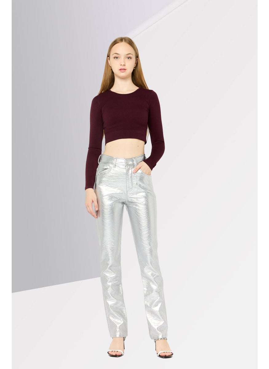 Women Regular Fit Solid Straight Leg Pants, Silver