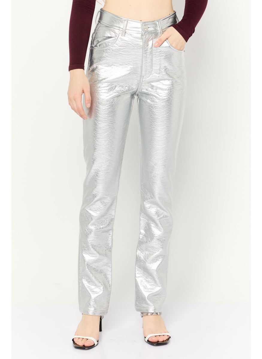 Women Regular Fit Solid Straight Leg Pants, Silver