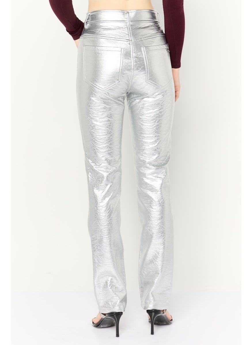Women Regular Fit Solid Straight Leg Pants, Silver