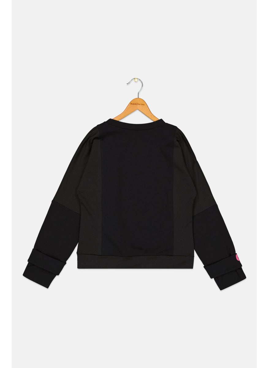 Kids Girl Round Neck Long Sleeve Brand Logo Sweatshirt, Black