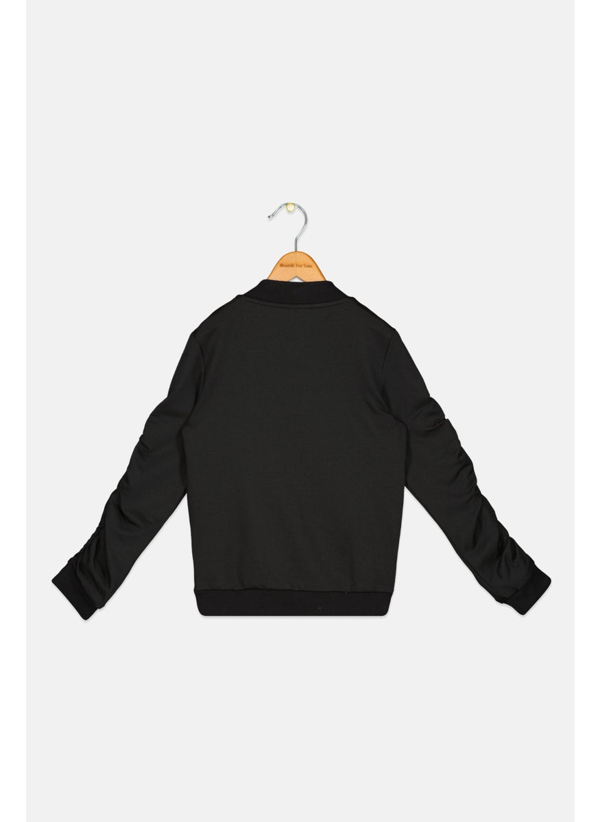 Kids Girl Band Collar Long Sleeve Ruched Sweatshirt, Black