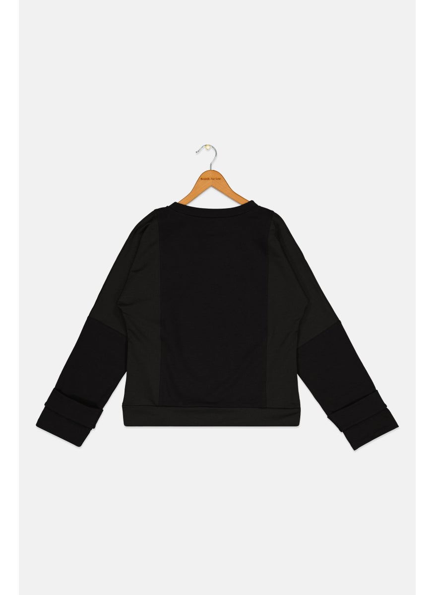 Kids Girl Round Neck Long Sleeve Graphic Print, Black