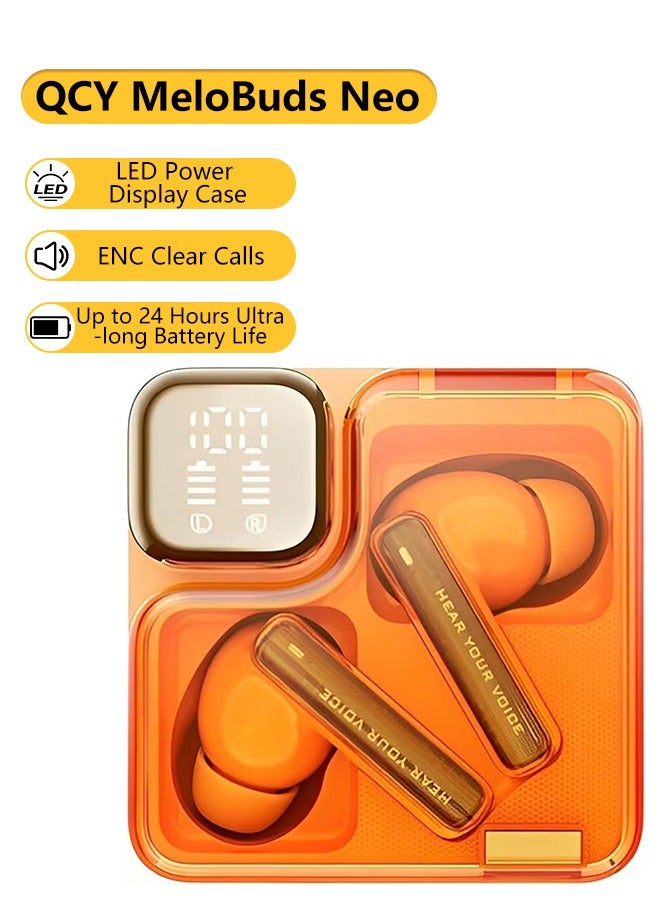 MeloBuds Neo Wireless Earbuds, Bluetooth 5.3 Earphones with HiFi Stereo Deep Bass, Personalized EQs, 4 Mics ENC Calls, LED Power Display, 24H Playtime, Dual Connection, IPX5 Waterproof - Orange orange