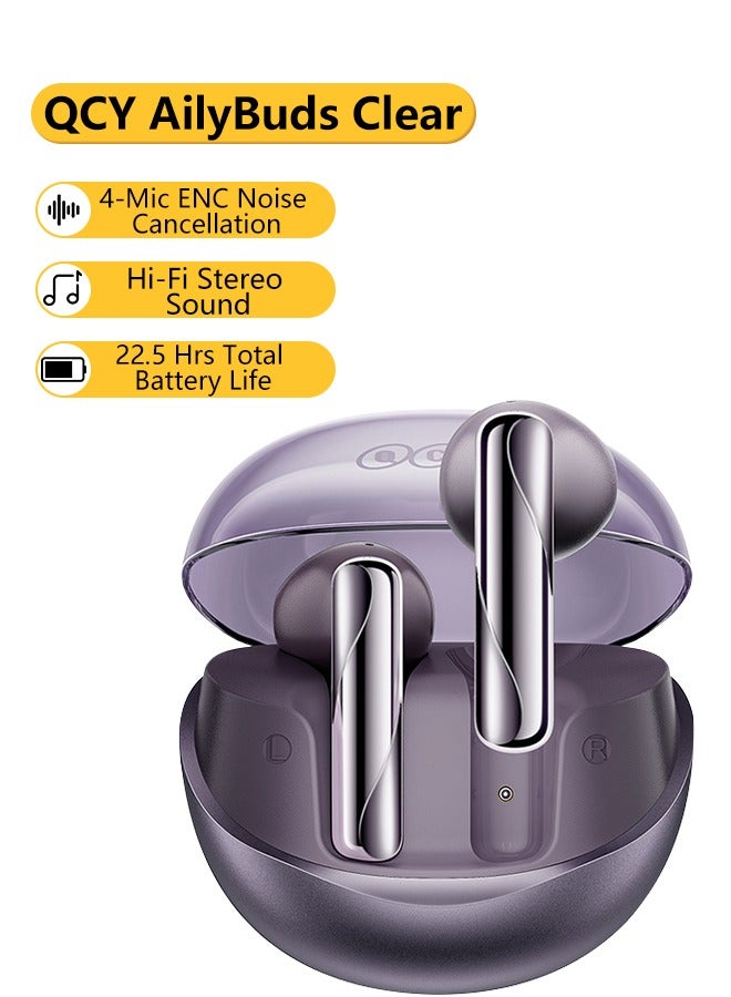 QT32 AilyBuds Clear Wireless Earbuds, 5.3 Bluetooth Connection, 13mm Drivers, Low Latency Mode, In-Ear Lightweight Design, 10-Minutes Quick Charge and 22.5 Hours Long Battery Life - purple