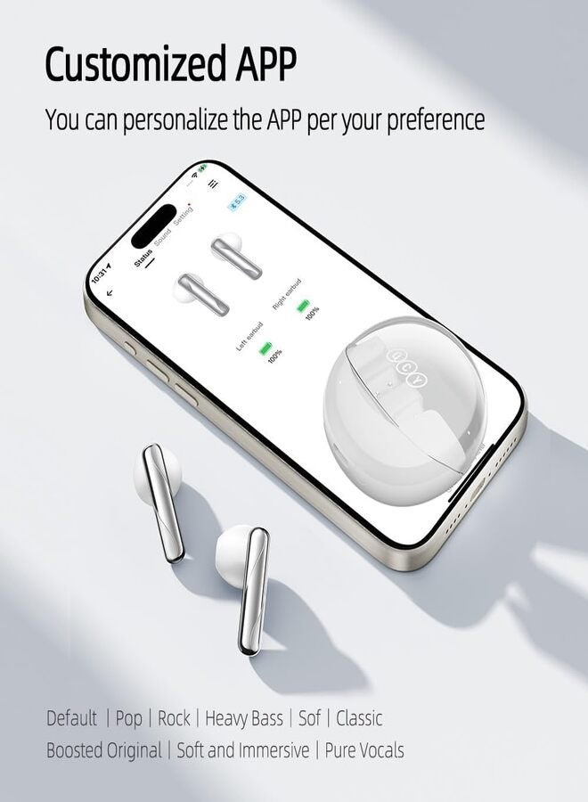 QT32 AilyBuds Clear Wireless Earbuds, 5.3 Bluetooth Connection, 13mm Drivers, Low Latency Mode, In-Ear Lightweight Design, 10-Minutes Quick Charge and 22.5 Hours Long Battery Life - white