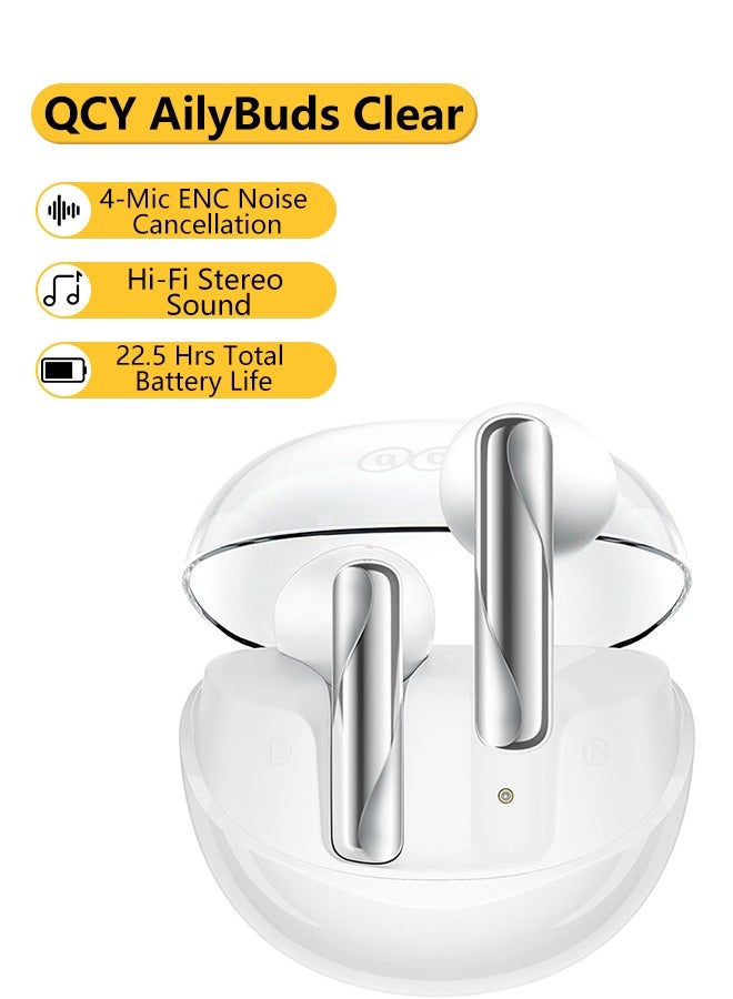 QT32 AilyBuds Clear Wireless Earbuds, 5.3 Bluetooth Connection, 13mm Drivers, Low Latency Mode, In-Ear Lightweight Design, 10-Minutes Quick Charge and 22.5 Hours Long Battery Life - white