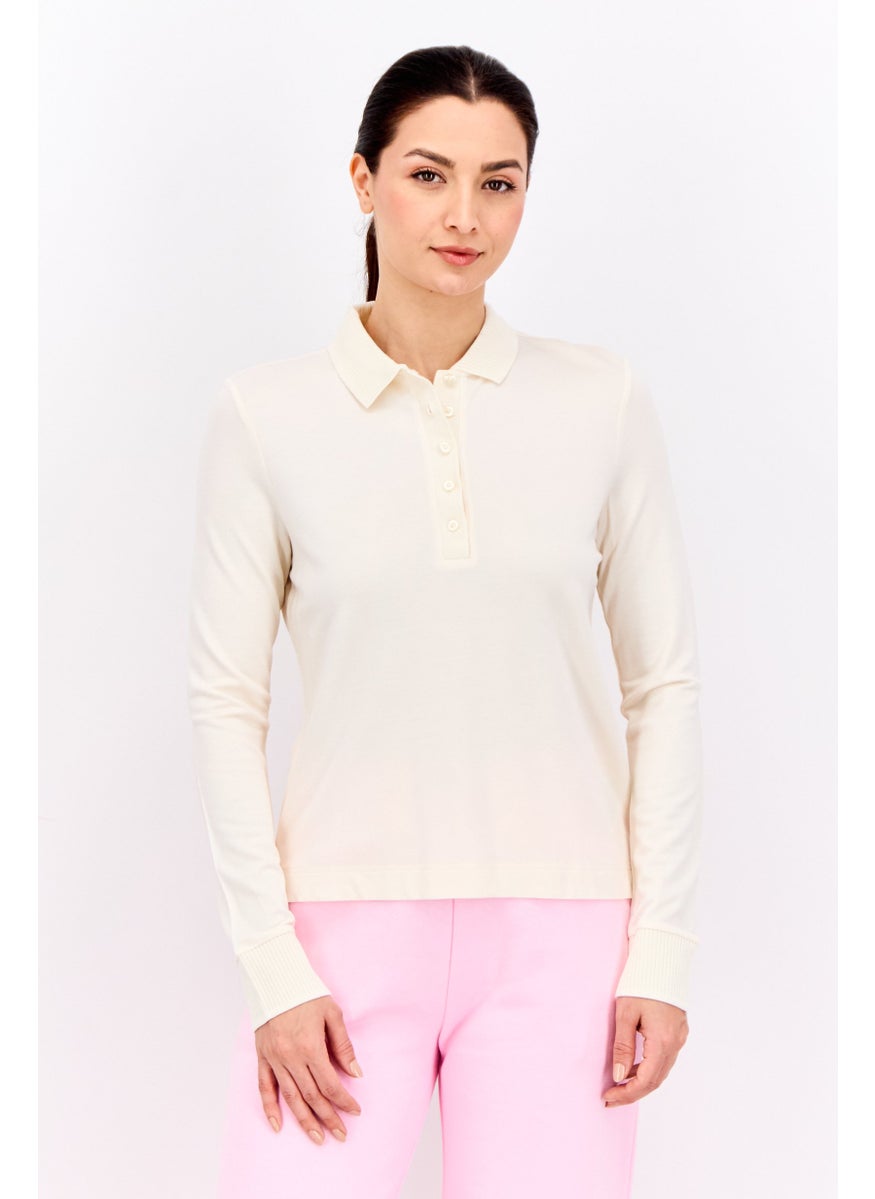 Women Spread Collar Long Sleeves Solid Polo Shirt, Cream