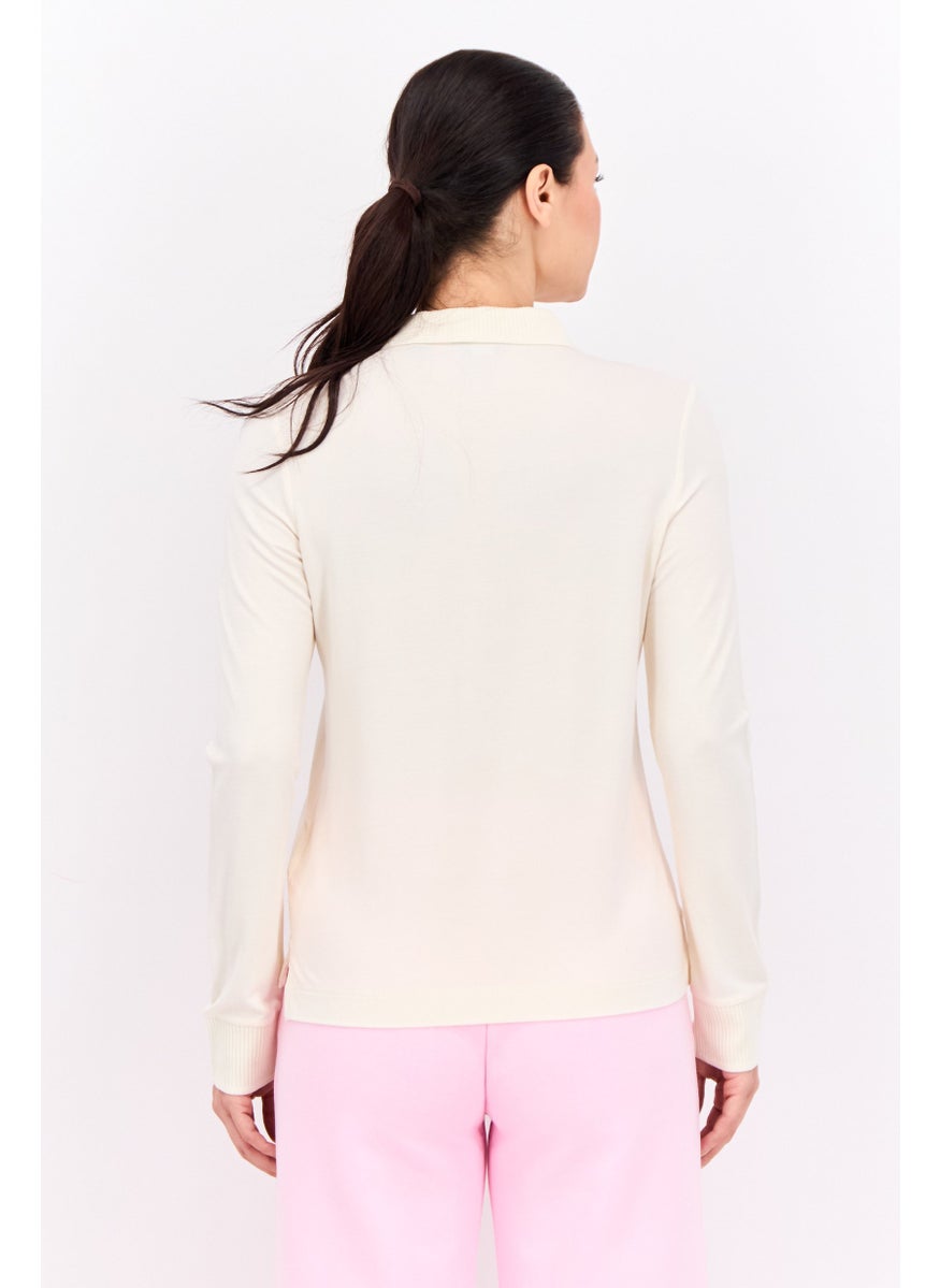 Women Spread Collar Long Sleeves Solid Polo Shirt, Cream