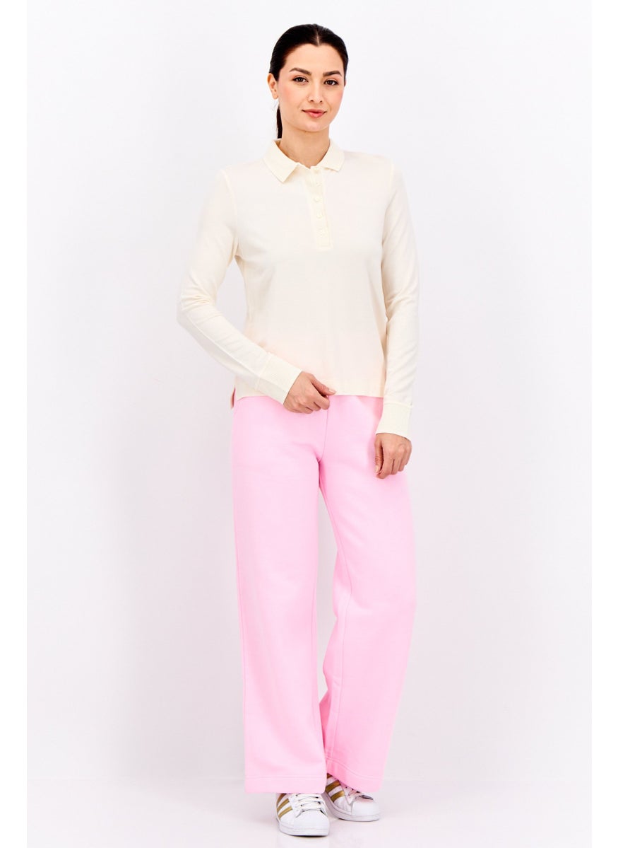 Women Spread Collar Long Sleeves Solid Polo Shirt, Cream