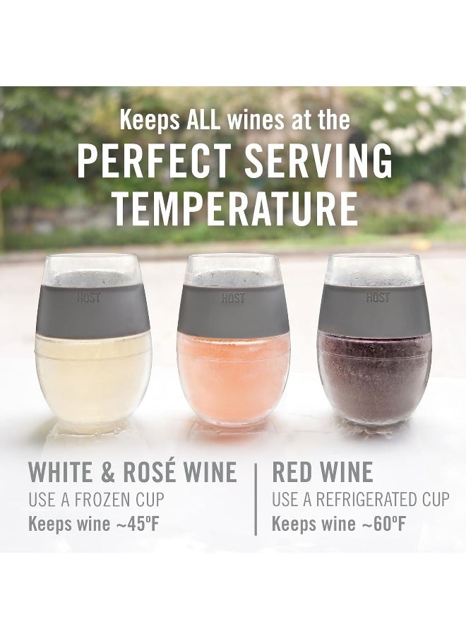 Host Cooling Wine Freeze Cup with Lid, Set of 2 Plastic Double Wall Insulated Wine Tumbler Freezable Drink Vacuum Cup with Freezing Gel, Wine Glasses for Red and White Wine, Gift Essentials, Gray